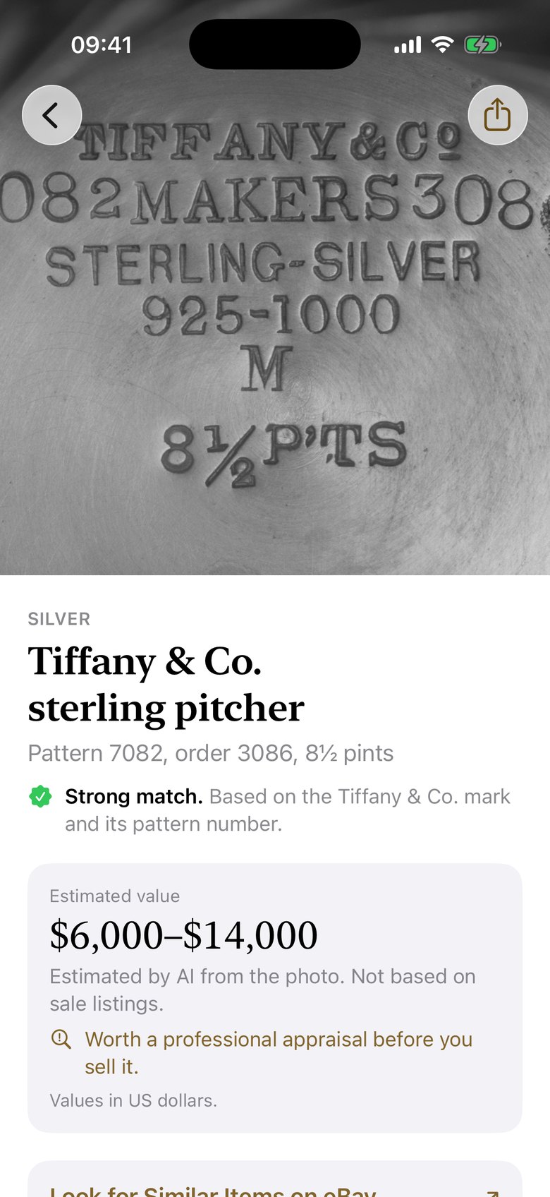 A result for a silver pitcher: Strong match, based on the maker's mark and its pattern number, with an estimated value of $6,000 to $14,000.